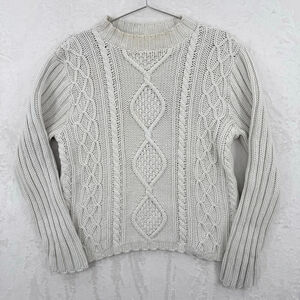 Vintage 90s Y2K Ivory Cable Knit Sweater Fisherman Mock Neck Cotton Made in USA
